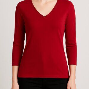 Jones New York Sport Cranberry Beaded V-Neck Top